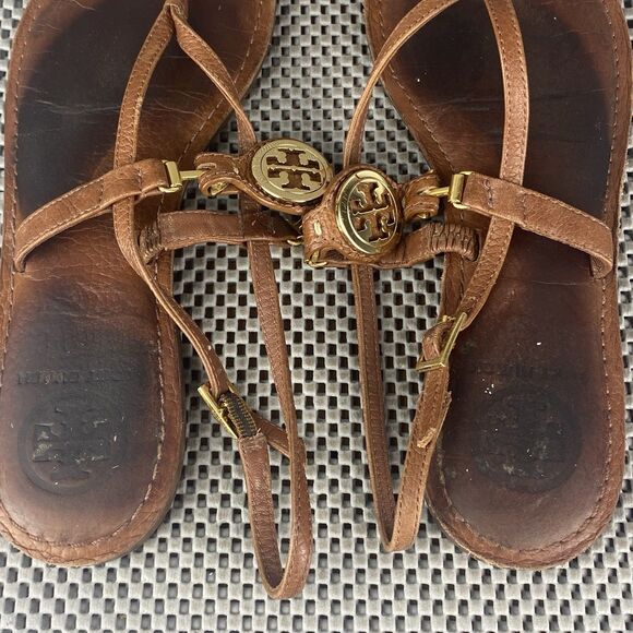 Tory Burch Ali Sandals Womens Size 8 M Brown Leather Gold Logo Thong Sandals - Picture 7 of 9